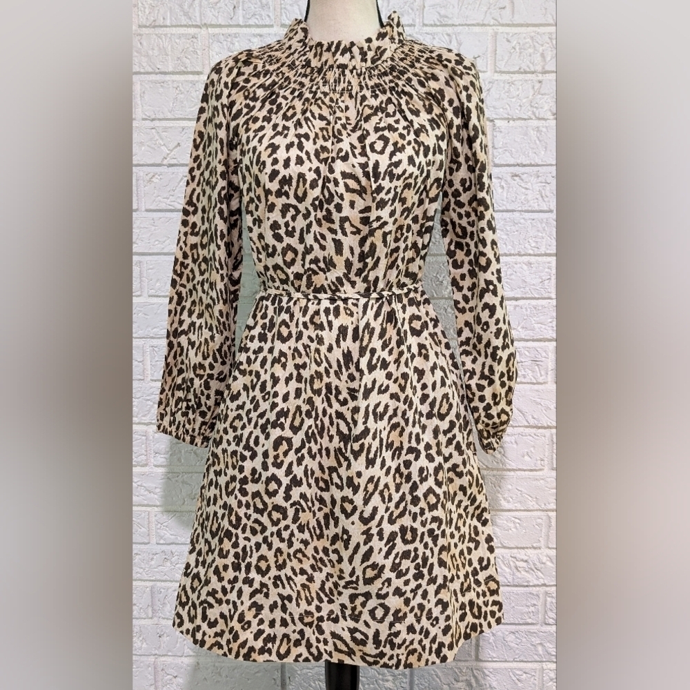 NWT J.CREW Ruffle Neck Puff Sleeve Dress in Leopard Print Tie Waist Women's XXS